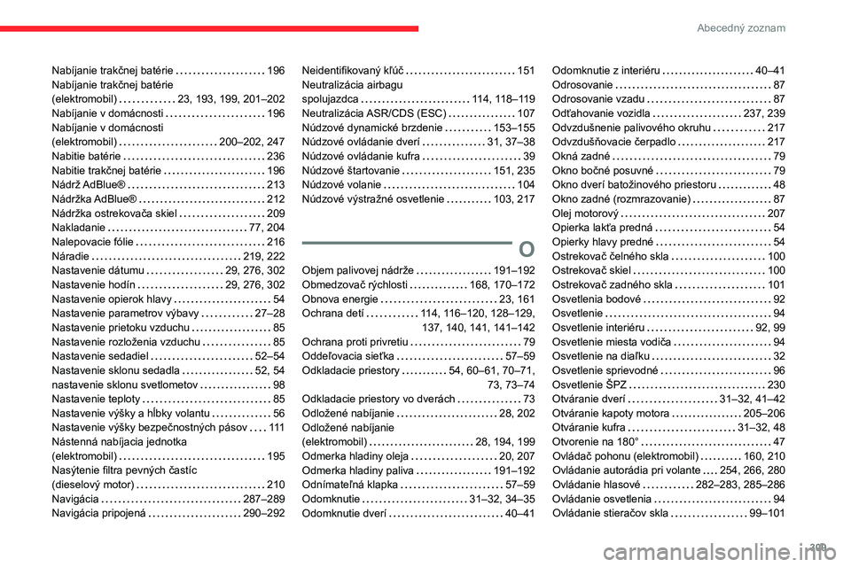 CITROEN JUMPER SPACETOURER 2021  Návod na použitie (in Slovak) 309
Abecedný zoznam
Nabíjanie trakčnej batérie     196
Nabíjanie trakčnej batérie   
(elektromobil)
    
23, 193, 199, 201–202
Nabíjanie v domácnosti
    
196
Nabíjanie v domácnosti   
(e