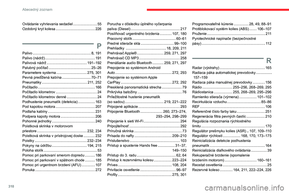 CITROEN JUMPER SPACETOURER 2021  Návod na použitie (in Slovak) 310
Abecedný zoznam
Ovládanie vyhrievania sedadiel     55
Ozdobný kryt kolesa     
226
P
Palivo    8, 191
Palivo (nádrž)     
191
Palivová nádrž
    
191–192
Palubný počítač
    
25–26