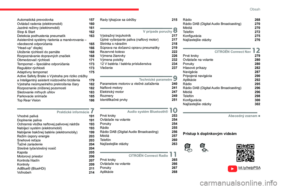 CITROEN JUMPER SPACETOURER 2021  Návod na použitie (in Slovak) 3
Obsah
  
  
 
 
 
 
Automatická prevodovka  157
Ovládač radenia (elektromobil)  160
Jazdné režimy (elektromobil)  161
Stop & Start  162
Detekcia podhustenia pneumatík  163
Asistenčné systém