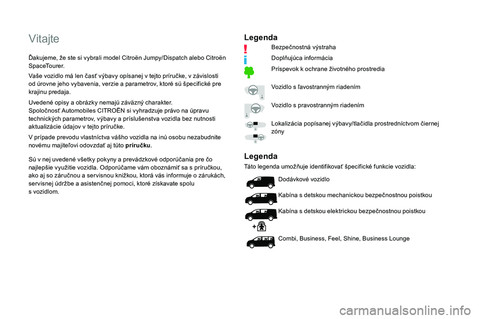 CITROEN JUMPER SPACETOURER 2020  Návod na použitie (in Slovak) Vitajte
Ďakujeme, že ste si vybrali model Citroën Jumpy/Dispatch alebo Citroën 
SpaceTourer.
Vaše vozidlo má len časť výbavy opísanej v tejto príručke, v závislosti 
od úrovne jeho vybav