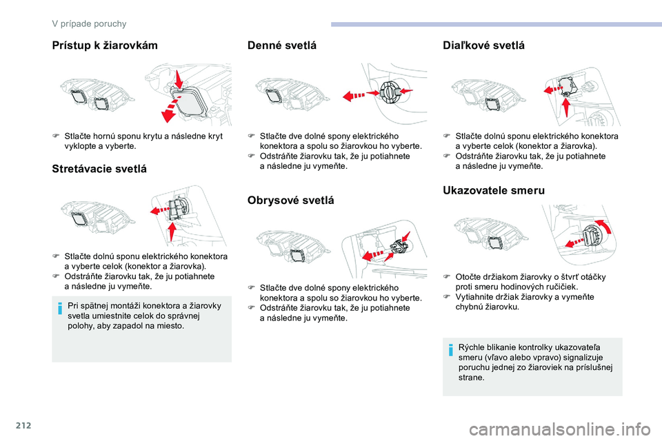 CITROEN JUMPER SPACETOURER 2020 Návod na použitie (in Slovak) 212
Prístup k žiarovkám
St retávacie svetlá
Pri spätnej montáži konektora a žiarovky
svetla umiestnite celok do správnej
polohy, aby zapadol na miesto.
Denné svetlá
Obrysové svetlá Dia CITROEN JUMPER SPACETOURER 2020 Návod na použitie (in Slovak) 212
Prístup k žiarovkám
St retávacie svetlá
Pri spätnej montáži konektora a žiarovky
svetla umiestnite celok do správnej
polohy, aby zapadol na miesto.
Denné svetlá
Obrysové svetlá Dia