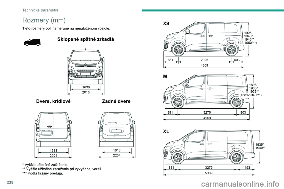 CITROEN JUMPER SPACETOURER 2020 Návod na použitie (in Slovak) 228
Rozmery (mm)
Tieto rozmery boli namerané na nenaloženom vozidle.
Sklopené spätné zrkadlá
Dvere, krídlové Zadné dvereXS
M
XL
* Vyššie užitočné zaťaženie.
** Vyššie užitočné za CITROEN JUMPER SPACETOURER 2020 Návod na použitie (in Slovak) 228
Rozmery (mm)
Tieto rozmery boli namerané na nenaloženom vozidle.
Sklopené spätné zrkadlá
Dvere, krídlové Zadné dvereXS
M
XL
* Vyššie užitočné zaťaženie.
** Vyššie užitočné za