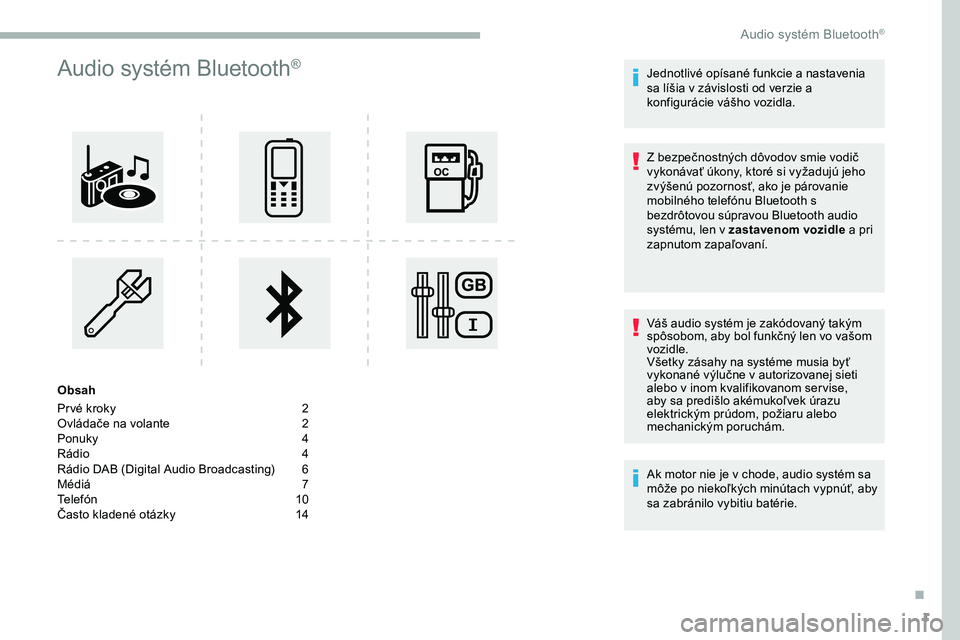 CITROEN JUMPER SPACETOURER 2020 Návod na použitie (in Slovak) 1
Audio systém Bluetooth®
Obsah
Pr vé kroky
2
O
vládače na volante
2
P
onuky
4
R
ádio
4
R
ádio DAB (Digital Audio Broadcasting)
6
M
édiá
7
T
elefón
1
0
Často klad CITROEN JUMPER SPACETOURER 2020 Návod na použitie (in Slovak) 1
Audio systém Bluetooth®
Obsah
Pr vé kroky
2
O
vládače na volante
2
P
onuky
4
R
ádio
4
R
ádio DAB (Digital Audio Broadcasting)
6
M
édiá
7
T
elefón
1
0
Často klad