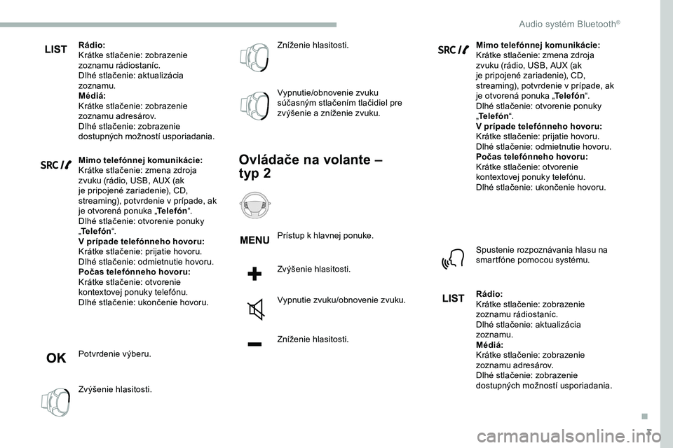 CITROEN JUMPER SPACETOURER 2020  Návod na použitie (in Slovak) 3
Rádio:
Krátke stlačenie: zobrazenie 
zoznamu rádiostaníc.
Dlhé stlačenie: aktualizácia 
zoznamu.
Médiá:
Krátke stlačenie: zobrazenie 
zoznamu adresárov.
Dlhé stlačenie: zobrazenie 
do