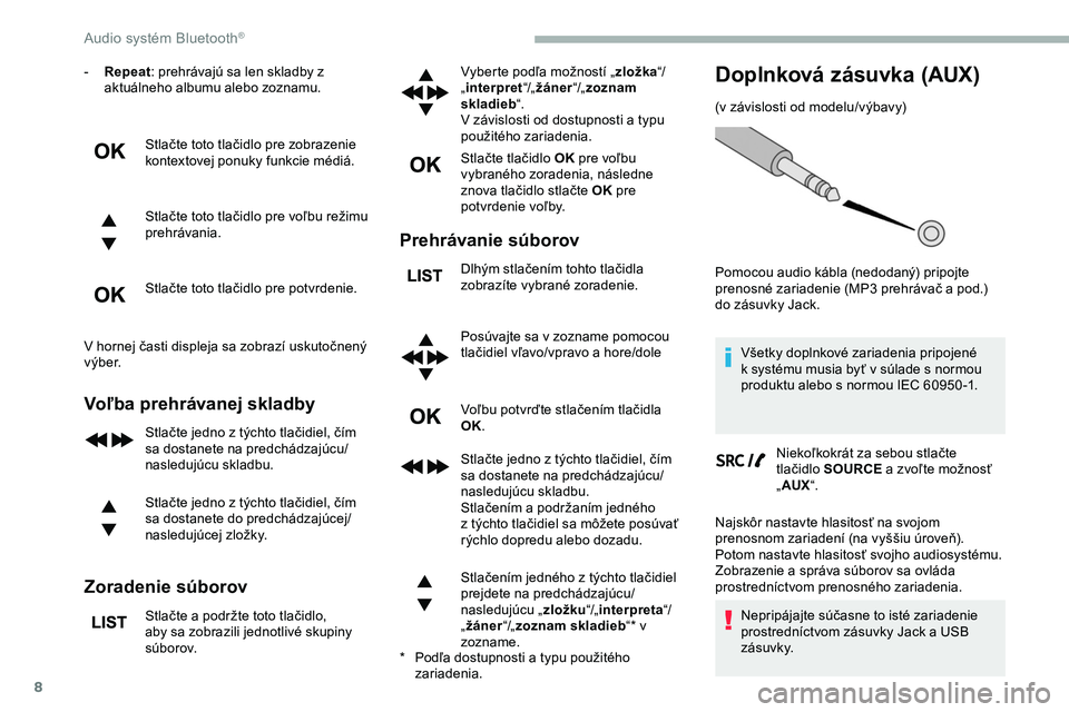 CITROEN JUMPER SPACETOURER 2020  Návod na použitie (in Slovak) 8
- Repeat: prehrávajú sa len skladby z 
aktuálneho albumu alebo zoznamu.
Stlačte toto tlačidlo pre zobrazenie 
kontextovej ponuky funkcie médiá.
Stlačte toto tlačidlo pre voľbu režimu 
pre