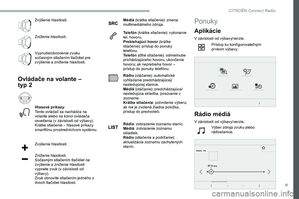 CITROEN JUMPER SPACETOURER 2020 Návod na použitie (in Slovak) 3
Zvýšenie hlasitosti.
Zníženie hlasitosti.
Vypnutie/obnovenie zvuku
súčasným stlačením tlačidiel pre
zvýšenie a zníženie hlasitosti.
Ovládače na volante –
typ 2
Hlasové príkazy CITROEN JUMPER SPACETOURER 2020 Návod na použitie (in Slovak) 3
Zvýšenie hlasitosti.
Zníženie hlasitosti.
Vypnutie/obnovenie zvuku
súčasným stlačením tlačidiel pre
zvýšenie a zníženie hlasitosti.
Ovládače na volante –
typ 2
Hlasové príkazy