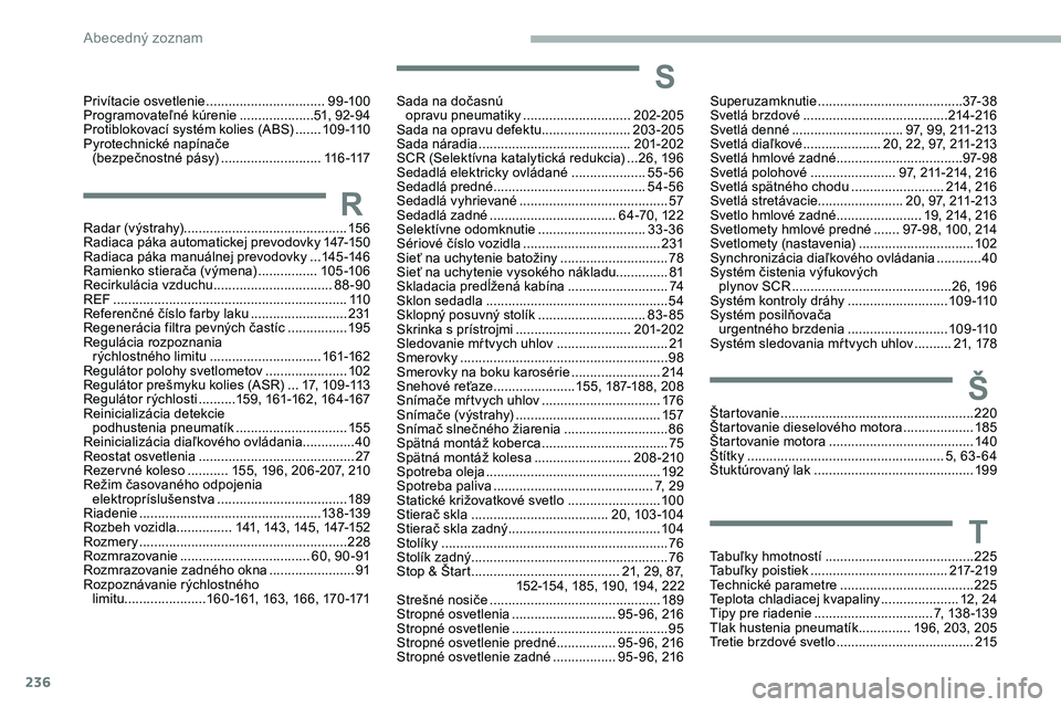 CITROEN JUMPER SPACETOURER 2020  Návod na použitie (in Slovak) 236
RRadar (výstrahy)............................................15 6
Radiaca páka automatickej prevodovky  1 47-15 0
Radiaca páka manuálnej prevodovky
 
...14

5 -14 6
Ramienko stierača (výmena