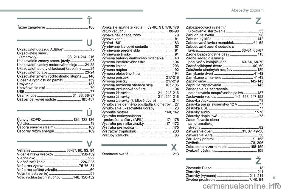 CITROEN JUMPER SPACETOURER 2020  Návod na použitie (in Slovak) 237
Ť
U
V
Ú
Z
X
Ž
Vetranie ................................... 86 - 87, 90, 92, 94
Videnie hlava vysoko?  ...........................15
8 -159
Vlečné oko
 
.......................................