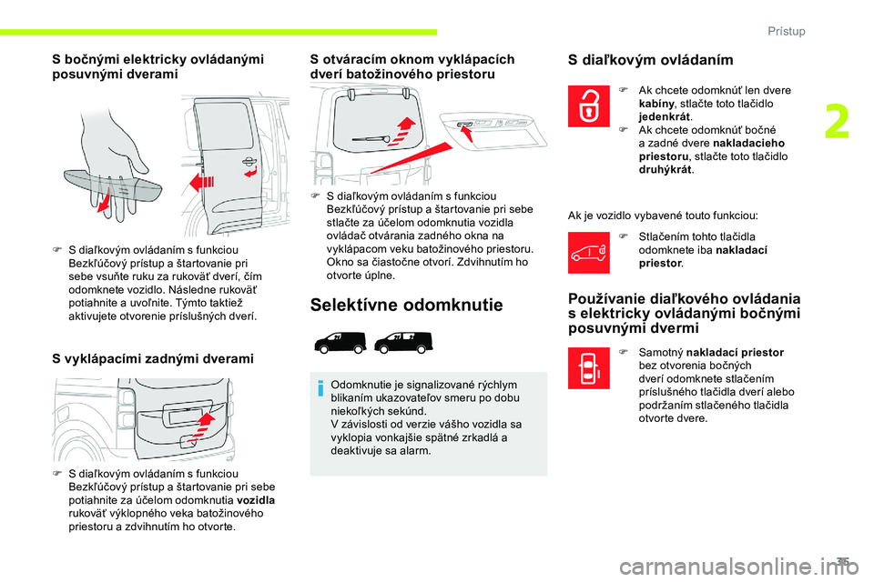 CITROEN JUMPER SPACETOURER 2020  Návod na použitie (in Slovak) 35
S bočnými elektricky ovládanými 
posuvnými dverami
S vyklápacími zadnými dveramiS otváracím oknom vyklápacích 
dverí batožinového priestoru
F S
  diaľkovým ovládaním s   funkciou