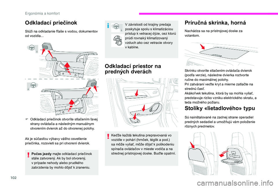 CITROEN JUMPER SPACETOURER 2018 Návod na použitie (in Slovak) 102
Odkladací priečinok
Slúži na odkladanie fľaše s vodou, dokumentov
od vozidla...
F
O
dkladací priečinok otvoríte stlačením ľavej
strany ovládača a následným manuálnym
otvoren CITROEN JUMPER SPACETOURER 2018 Návod na použitie (in Slovak) 102
Odkladací priečinok
Slúži na odkladanie fľaše s vodou, dokumentov
od vozidla...
F
O
dkladací priečinok otvoríte stlačením ľavej
strany ovládača a následným manuálnym
otvoren