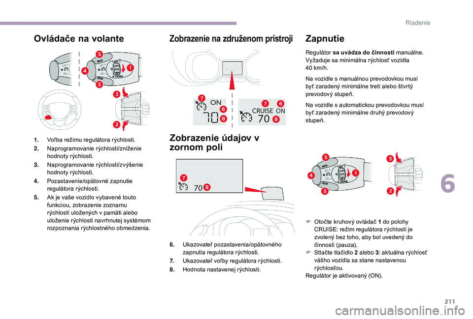 CITROEN JUMPER SPACETOURER 2018 Návod na použitie (in Slovak) 211
Ovládače na volanteZobrazenie na združenom prístroji
Zobrazenie údajov v
zornom poli
6.Ukazovateľ pozastavenia/opätovného
zapnutia regulátora rýchlosti.
7. Ukazovateľ voľby reguláto CITROEN JUMPER SPACETOURER 2018 Návod na použitie (in Slovak) 211
Ovládače na volanteZobrazenie na združenom prístroji
Zobrazenie údajov v
zornom poli
6.Ukazovateľ pozastavenia/opätovného
zapnutia regulátora rýchlosti.
7. Ukazovateľ voľby reguláto
