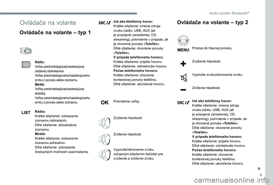 CITROEN JUMPER SPACETOURER 2018 Návod na použitie (in Slovak) 3
Ovládače na volante
Ovládače na volante – typ 1
Rádio:
Voľba predchádzajúcej/nasledujúcej
uloženej rádiostanice.
Voľba predchádzajúceho/nasledujúceho
pr vku z ponuky alebo zoznamu CITROEN JUMPER SPACETOURER 2018 Návod na použitie (in Slovak) 3
Ovládače na volante
Ovládače na volante – typ 1
Rádio:
Voľba predchádzajúcej/nasledujúcej
uloženej rádiostanice.
Voľba predchádzajúceho/nasledujúceho
pr vku z ponuky alebo zoznamu