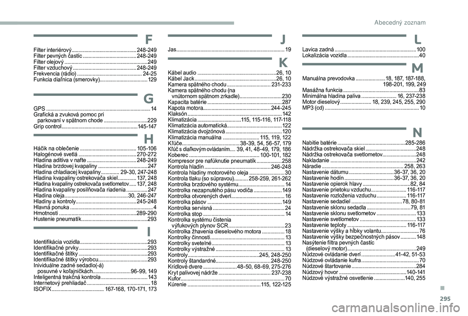 CITROEN JUMPER SPACETOURER 2018  Návod na použitie (in Slovak) 295
F
Filter interiérový ..............................................24 8-249
Filter pevných častíc  ...................................... 24
8-249
Filter olejový
 
..........................