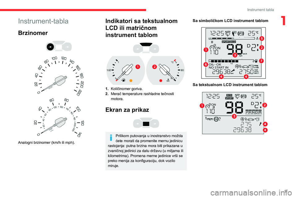 CITROEN BERLINGO VAN 2021  Priručnik (in Serbian) 9
Instrument tabla
1Instrument-tabla
Brzinomer 
 
 
 
Analogni brzinomer (km/h ili mph).
Indikatori sa tekstualnom 
LCD ili matričnom 
instrument tablom
 
 
1. Količinomer goriva.
2. Merač temperat