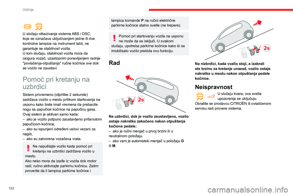 CITROEN BERLINGO VAN 2021  Priručnik (in Serbian) 102
Vožnja
  
U slučaju otkazivanja sistema ABS i DSC, 
koje se označava uključivanjem jedne ili dve 
kontrolne lampice na instrument tabli, ne 
garantuje se stabilnost vozila.
U tom slučaju, sta