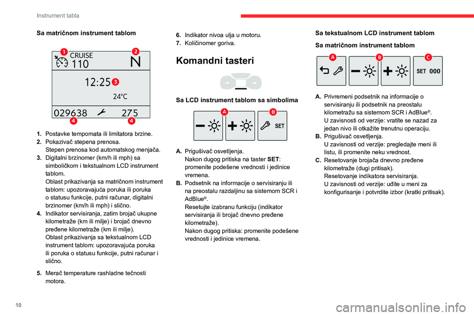 CITROEN BERLINGO VAN 2021  Priručnik (in Serbian) 10
Instrument tabla
Obrtomer 
 
 
 
Obrtomer (x 1000 o/min).
Kontrolne i lampice 
upozorenja
Prikazani kao simboli, lampice upozorenja 
i indikatori obaveštavaju vozača o pojavi 
neispravnosti (lamp