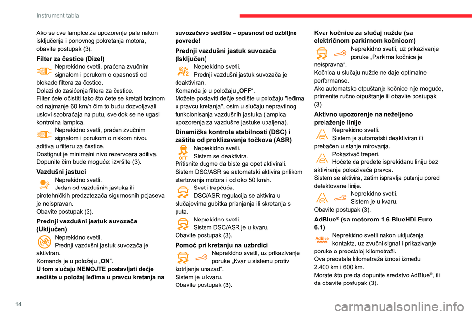 CITROEN BERLINGO VAN 2021  Priručnik (in Serbian) 14
Instrument tabla
Ako se ove lampice za upozorenje pale nakon 
isključenja i ponovnog pokretanja motora, 
obavite postupak (3).
Filter za čestice (Dizel)Neprekidno svetli, praćena zvučnim 
signa