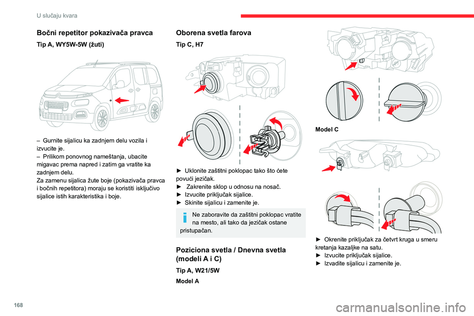 CITROEN BERLINGO VAN 2021 Priručnik (in Serbian) 168
U slučaju kvara
Poziciona svetla/dnevna svetla
(model B)
Svetleće diode (LED diode)
Radi zamene ovog tipa sijalice
neophodno je da se obratite CITROËN
prodavcu vozila ili ovlašćenom servis CITROEN BERLINGO VAN 2021 Priručnik (in Serbian) 168
U slučaju kvara
Poziciona svetla/dnevna svetla
(model B)
Svetleće diode (LED diode)
Radi zamene ovog tipa sijalice
neophodno je da se obratite CITROËN
prodavcu vozila ili ovlašćenom servis