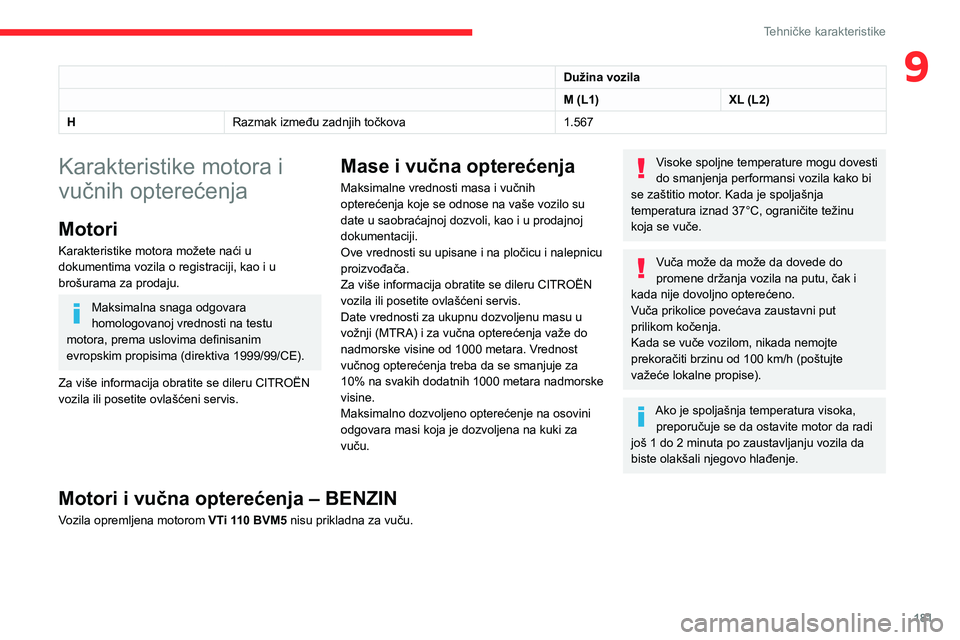 CITROEN BERLINGO VAN 2021 Priručnik (in Serbian) 181
Tehničke karakteristike
9Dužina vozila
M (L1)XL (L2)
H Razmak između zadnjih točkova 1.567
Karakteristike motora i
vučnih opterećenja
Motori
Karakteristike motora možete naći u
dokumenti CITROEN BERLINGO VAN 2021 Priručnik (in Serbian) 181
Tehničke karakteristike
9Dužina vozila
M (L1)XL (L2)
H Razmak između zadnjih točkova 1.567
Karakteristike motora i
vučnih opterećenja
Motori
Karakteristike motora možete naći u
dokumenti