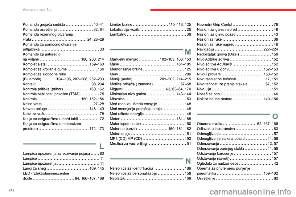 CITROEN BERLINGO VAN 2021  Priručnik (in Serbian) 242
Abecedni sadržaj
Komanda grejača sedišta     40–41
Komanda osvetljenja     
62, 64
Komanda rezervnog otvaranja   
vrata
    
24, 28–29
Komanda za pomoćno otvaranje   
prtljažnika
    
30
