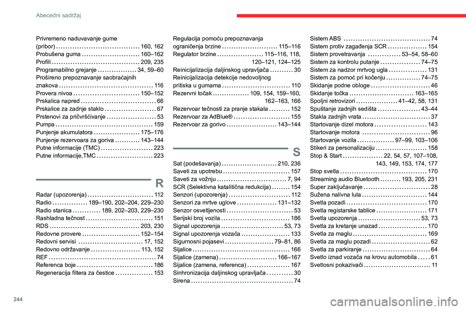 CITROEN BERLINGO VAN 2021  Priručnik (in Serbian) 244
Abecedni sadržaj
Privremeno naduvavanje gume  
(pribor)     
160, 162
Probušena guma
    
160–162
Profili
    
209, 235
Programabilno grejanje
    
34, 59–60
Prošireno prepoznavanje saobra