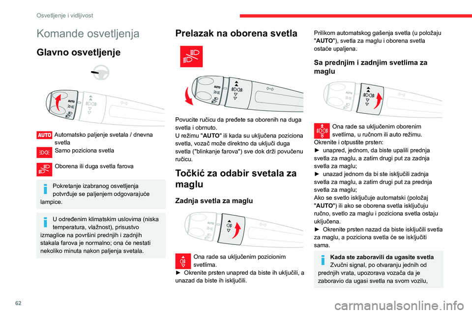 CITROEN BERLINGO VAN 2021  Priručnik (in Serbian) 62
Osvetljenje i vidljivost
Komande osvetljenja
Glavno osvetljenje 
 
 
 
Automatsko paljenje svetala / dnevna  svetla
Samo poziciona svetla 
Oborena ili duga svetla farova  
Pokretanje izabranog osve