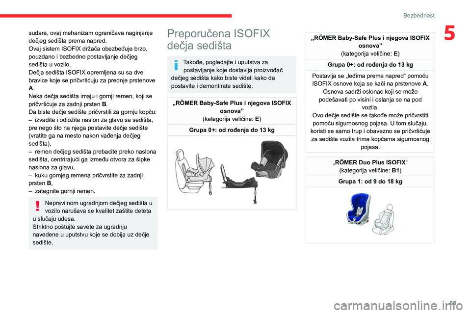 CITROEN BERLINGO VAN 2021  Priručnik (in Serbian) 89
Bezbednost
5sudara, ovaj mehanizam ograničava naginjanje 
dečjeg sedišta prema napred.
Ovaj sistem ISOFIX držača obezbeđuje brzo, 
pouzdano i bezbedno postavljanje dečjeg 
sedišta u vozilo.