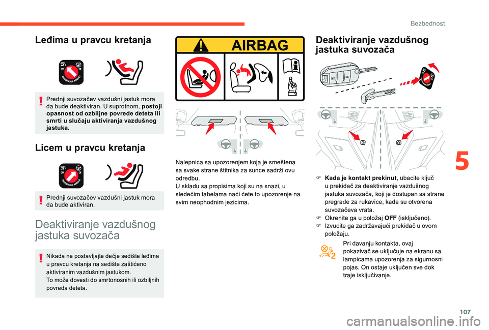 CITROEN BERLINGO VAN 2019  Priručnik (in Serbian) 107
Prednji suvozačev vazdušni jastuk mora 
da bude deaktiviran. U suprotnom, postoji 
opasnost od ozbiljne povrede deteta ili 
smr ti u slučaju aktiviranja vazdušnog 
jastuka.
Licem u pravcu kret
