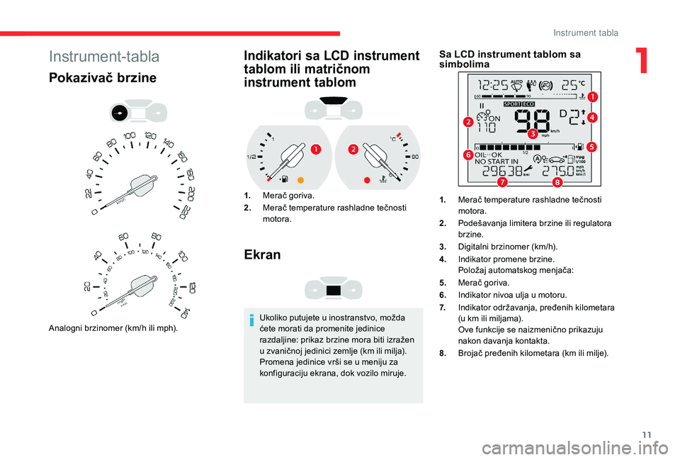 CITROEN BERLINGO VAN 2019 Priručnik (in Serbian) 11
Instrument-tabla
Pokazivač brzine
Analogni brzinomer (km/h ili mph).
Indikatori sa LCD instrument
tablom ili matričnom
instrument tablom
1.Merač goriva.
2. Merač temperature rashladne tečnos CITROEN BERLINGO VAN 2019 Priručnik (in Serbian) 11
Instrument-tabla
Pokazivač brzine
Analogni brzinomer (km/h ili mph).
Indikatori sa LCD instrument
tablom ili matričnom
instrument tablom
1.Merač goriva.
2. Merač temperature rashladne tečnos