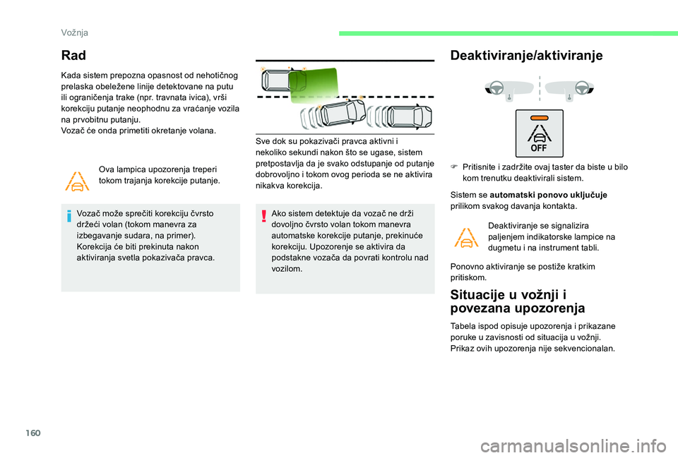 CITROEN BERLINGO VAN 2019 Priručnik (in Serbian) 160
Rad
Kada sistem prepozna opasnost od nehotičnog
prelaska obeležene linije detektovane na putu
ili ograničenja trake (npr. travnata ivica), vrši
korekciju putanje neophodnu za vraćanje vozi CITROEN BERLINGO VAN 2019 Priručnik (in Serbian) 160
Rad
Kada sistem prepozna opasnost od nehotičnog
prelaska obeležene linije detektovane na putu
ili ograničenja trake (npr. travnata ivica), vrši
korekciju putanje neophodnu za vraćanje vozi