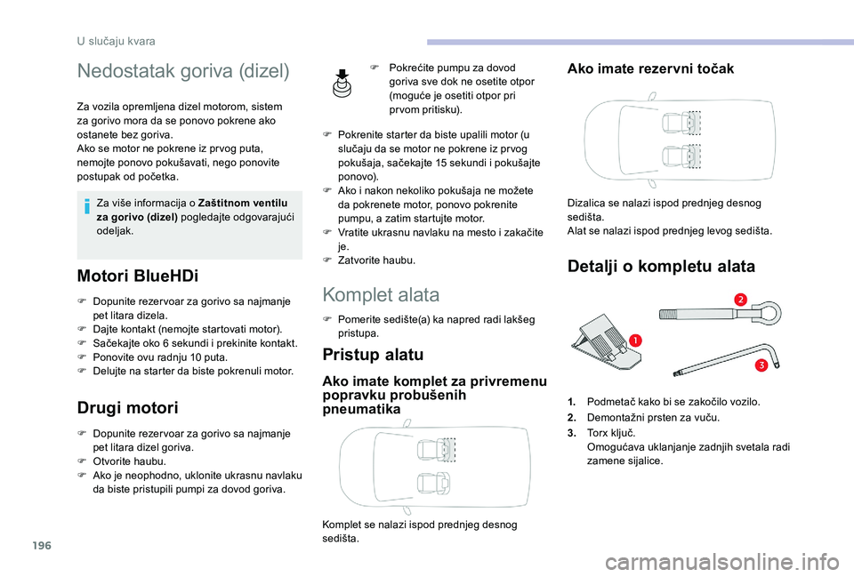 CITROEN BERLINGO VAN 2019  Priručnik (in Serbian) 196
Nedostatak goriva (dizel)
Za vozila opremljena dizel motorom, sistem 
za gorivo mora da se ponovo pokrene ako 
ostanete bez goriva.
Ako se motor ne pokrene iz pr vog puta, 
nemojte ponovo pokušav
