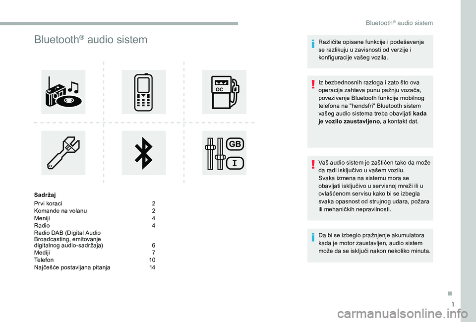 CITROEN BERLINGO VAN 2019  Priručnik (in Serbian) 1
Bluetooth® audio sistem
Sadržaj
Pr vi koraci 
2
K

omande na volanu  
2
M

eniji
 4
R

adio  
4
R

adio DAB (Digital Audio 
Broadcasting, emitovanje 
digitalnog audio-sadržaja)
 6
M

ediji  
7
T

