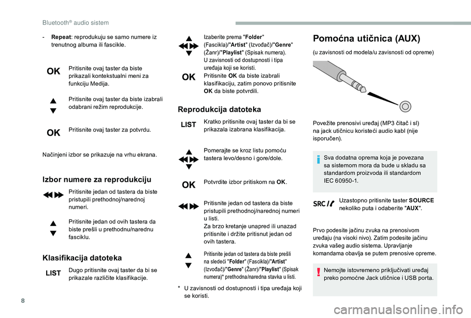 CITROEN BERLINGO VAN 2019 Priručnik (in Serbian) 8
- Repeat: reprodukuju se samo numere iz
trenutnog albuma ili fascikle.
Pritisnite ovaj taster da biste
prikazali kontekstualni meni za
funkciju Medija.
Pritisnite ovaj taster da biste izabrali
o CITROEN BERLINGO VAN 2019 Priručnik (in Serbian) 8
- Repeat: reprodukuju se samo numere iz
trenutnog albuma ili fascikle.
Pritisnite ovaj taster da biste
prikazali kontekstualni meni za
funkciju Medija.
Pritisnite ovaj taster da biste izabrali
o