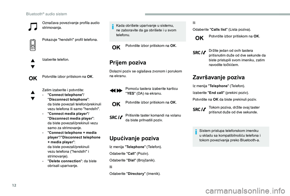 CITROEN BERLINGO VAN 2019 Priručnik (in Serbian) 12
Označava povezivanje profila audio
strimovanja.
Pokazuje "hendsfri" profil telefona.
Izaberite telefon.
Potvrdite izbor pritiskom na OK.
Zatim izaberite i potvrdite:
-
" C
onnect te CITROEN BERLINGO VAN 2019 Priručnik (in Serbian) 12
Označava povezivanje profila audio
strimovanja.
Pokazuje "hendsfri" profil telefona.
Izaberite telefon.
Potvrdite izbor pritiskom na OK.
Zatim izaberite i potvrdite:
-
" C
onnect te