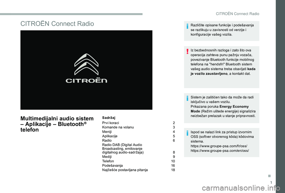 CITROEN BERLINGO VAN 2019 Priručnik (in Serbian) 1
CITROËN Connect Radio
Multimedijalni audio sistem
– Aplikacije – Bluetooth®
telefon
Sadržaj
Pr vi koraci
2
K
omande na volanu
3
M
eniji
4
A
plikacije
5
R
adio
6
R
adio DAB (Dig CITROEN BERLINGO VAN 2019 Priručnik (in Serbian) 1
CITROËN Connect Radio
Multimedijalni audio sistem
– Aplikacije – Bluetooth®
telefon
Sadržaj
Pr vi koraci
2
K
omande na volanu
3
M
eniji
4
A
plikacije
5
R
adio
6
R
adio DAB (Dig