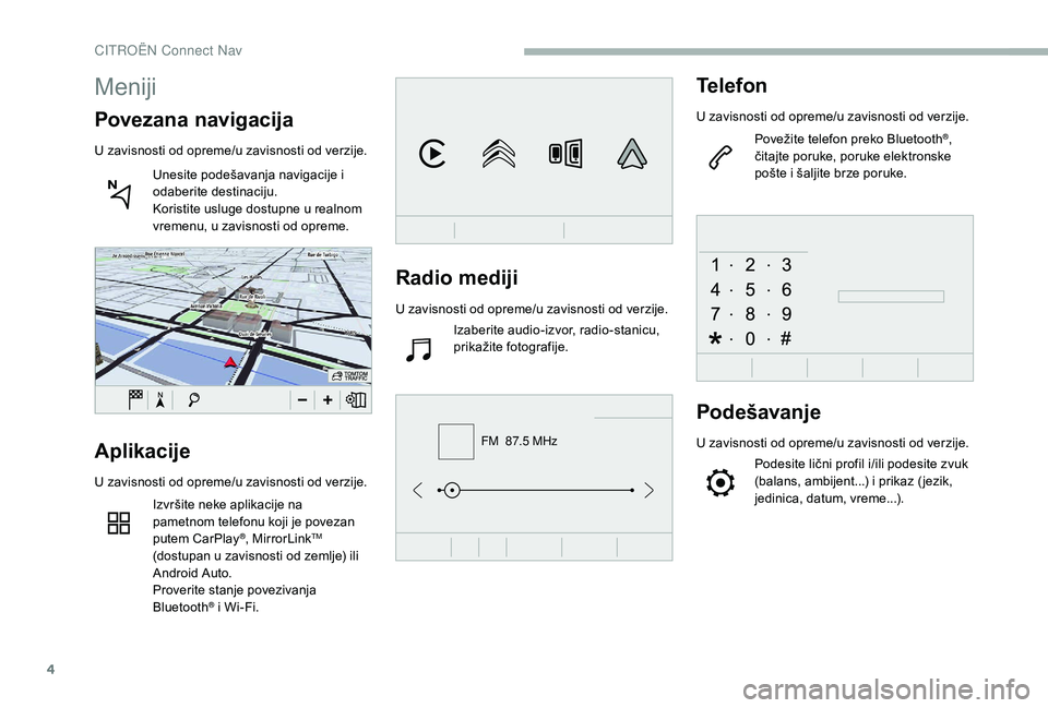 CITROEN BERLINGO VAN 2019 Priručnik (in Serbian) 4
FM 87.5 MHz
Radio mediji
U zavisnosti od opreme/u zavisnosti od verzije.Izaberite audio-izvor, radio-stanicu,
prikažite fotografije.
Telefon
U zavisnosti od opreme/u zavisnosti od verzije.
Povež CITROEN BERLINGO VAN 2019 Priručnik (in Serbian) 4
FM 87.5 MHz
Radio mediji
U zavisnosti od opreme/u zavisnosti od verzije.Izaberite audio-izvor, radio-stanicu,
prikažite fotografije.
Telefon
U zavisnosti od opreme/u zavisnosti od verzije.
Povež