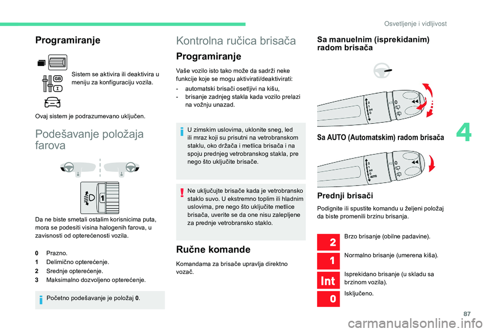 CITROEN BERLINGO VAN 2019 Priručnik (in Serbian) 87
Podešavanje položaja
farova
Da ne biste smetali ostalim korisnicima puta,
mora se podesiti visina halogenih farova, u
zavisnosti od opterećenosti vozila.
0 Prazno.
1 Delimično opterećenje.
CITROEN BERLINGO VAN 2019 Priručnik (in Serbian) 87
Podešavanje položaja
farova
Da ne biste smetali ostalim korisnicima puta,
mora se podesiti visina halogenih farova, u
zavisnosti od opterećenosti vozila.
0 Prazno.
1 Delimično opterećenje.