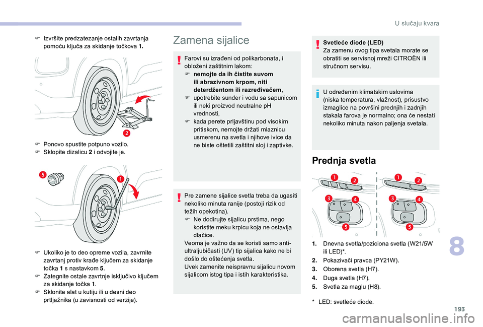 CITROEN C3 AIRCROSS 2019  Priručnik (in Serbian) 193
Zamena sijalice
Farovi su izrađeni od polikarbonata, i 
obloženi zaštitnim lakom:
F 
n
 emojte da ih čistite suvom 
ili abrazivnom krpom, niti 
deterdžentom ili razređivačem,
F
 
u
 potrebi