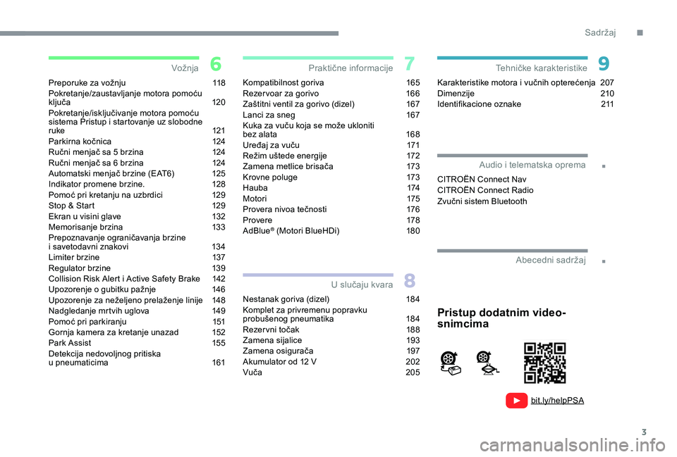 CITROEN C3 AIRCROSS 2019 Priručnik (in Serbian) 3
.
.
bit.ly/helpPSA
Preporuke za vožnju 118
Pokretanje/zaustavljanje motora pomoću
k ljuč a
12
0
Pokretanje/isključivanje motora pomoću
sistema Pristup i startovanje uz slobodne
r uke
12 CITROEN C3 AIRCROSS 2019 Priručnik (in Serbian) 3
.
.
bit.ly/helpPSA
Preporuke za vožnju 118
Pokretanje/zaustavljanje motora pomoću
k ljuč a
12
0
Pokretanje/isključivanje motora pomoću
sistema Pristup i startovanje uz slobodne
r uke
12