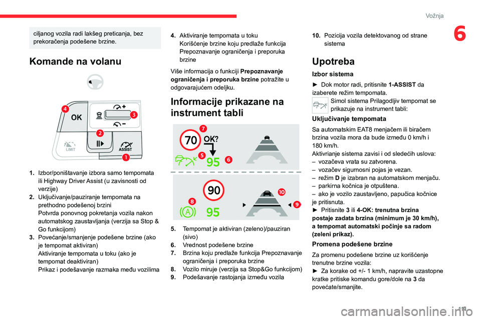 CITROEN C4 2021 Priručnik (in Serbian) 111
Vožnja
6ciljanog vozila radi lakšeg preticanja, bez
prekoračenja podešene brzine.
Komande na volanu
1. Izbor/poništavanje izbora samo tempomata
ili Highway Driver Assist (u zavisnost CITROEN C4 2021 Priručnik (in Serbian) 111
Vožnja
6ciljanog vozila radi lakšeg preticanja, bez
prekoračenja podešene brzine.
Komande na volanu
1. Izbor/poništavanje izbora samo tempomata
ili Highway Driver Assist (u zavisnost