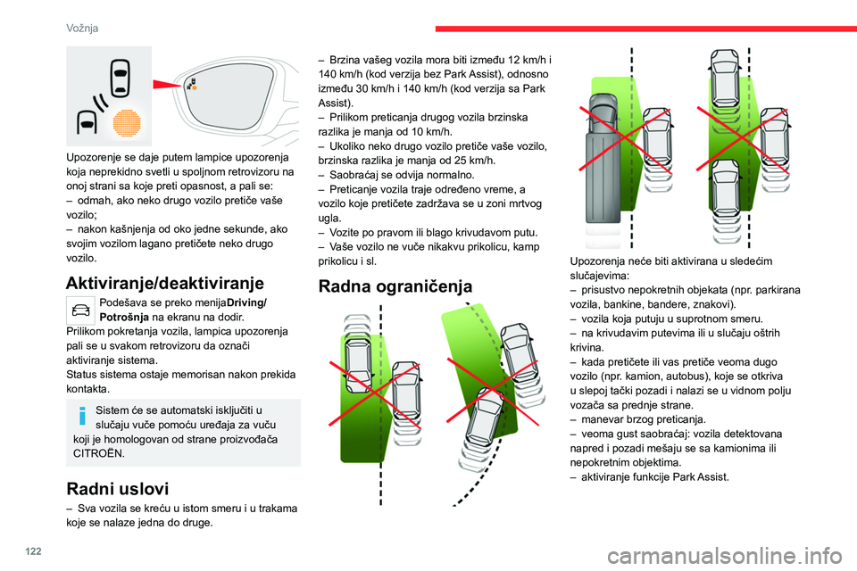 CITROEN C4 2021 Priručnik (in Serbian) 122
Vožnja
Upozorenje se daje putem lampice upozorenja
koja neprekidno svetli u spoljnom retrovizoru na
onoj strani sa koje preti opasnost, a pali se:
–
odmah, ako neko drugo vozilo pretiče v CITROEN C4 2021 Priručnik (in Serbian) 122
Vožnja
Upozorenje se daje putem lampice upozorenja
koja neprekidno svetli u spoljnom retrovizoru na
onoj strani sa koje preti opasnost, a pali se:
–
odmah, ako neko drugo vozilo pretiče v