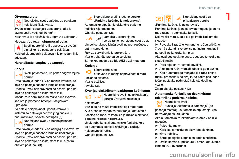 CITROEN C4 2021 Priručnik (in Serbian) 13
Instrument tabla
1Otvorena vrataNeprekidno svetli, zajedno sa porukom
koja identifikuje vrata.
Zvučni signal dopunjuje upozorenje, ako je
brzina vozila veća od 10
km/h.
Neka vrata ili prtlja CITROEN C4 2021 Priručnik (in Serbian) 13
Instrument tabla
1Otvorena vrataNeprekidno svetli, zajedno sa porukom
koja identifikuje vrata.
Zvučni signal dopunjuje upozorenje, ako je
brzina vozila veća od 10
km/h.
Neka vrata ili prtlja