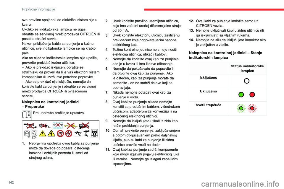 CITROEN C4 2021  Priručnik (in Serbian) 142
Praktične informacije
sve pravilno spojeno i da električni sistem nije u 
kvaru.
Ukoliko se indikatorska lampica ne ugasi, 
obratite se servisnoj mreži prodavca CITROËN ili 
posetite stručni 