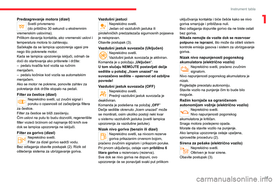 CITROEN C4 2021  Priručnik (in Serbian) 15
Instrument tabla
1Predzagrevanje motora (dizel)Svetli privremeno
(do približno 30 sekundi u ekstremnim 
vremenskim uslovima).
Prilikom davanja kontakta, ako vremenski uslovi i 
temperatura motora 