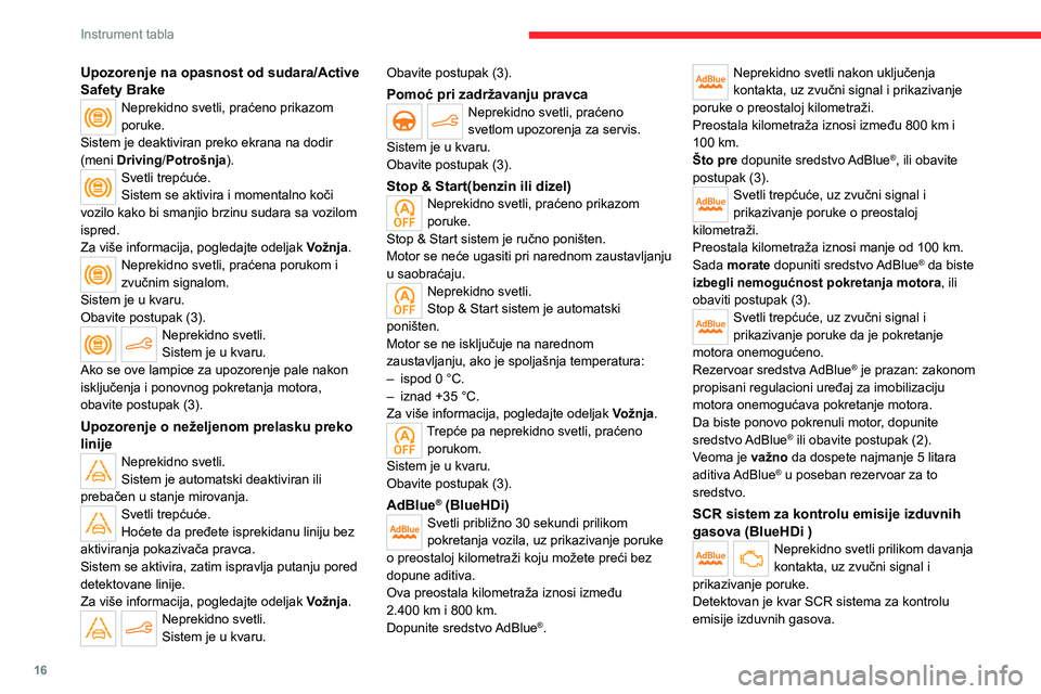 CITROEN C4 2021  Priručnik (in Serbian) 16
Instrument tabla
Upozorenje na opasnost od sudara/Active 
Safety Brake
Neprekidno svetli, praćeno prikazom 
poruke.
Sistem je deaktiviran preko ekrana na dodir 
(meni Driving/Potrošnja).
Svetli t