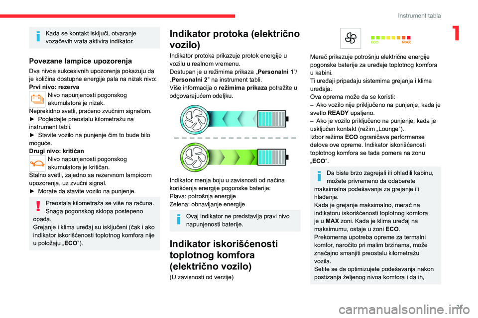 CITROEN C4 2021 Priručnik (in Serbian) 21
Instrument tabla
1Kada se kontakt isključi, otvaranje
vozačevih vrata aktivira indikator.
Povezane lampice upozorenja
Dva nivoa sukcesivnih upozorenja pokazuju da
je količina dostupne energije CITROEN C4 2021 Priručnik (in Serbian) 21
Instrument tabla
1Kada se kontakt isključi, otvaranje
vozačevih vrata aktivira indikator.
Povezane lampice upozorenja
Dva nivoa sukcesivnih upozorenja pokazuju da
je količina dostupne energije