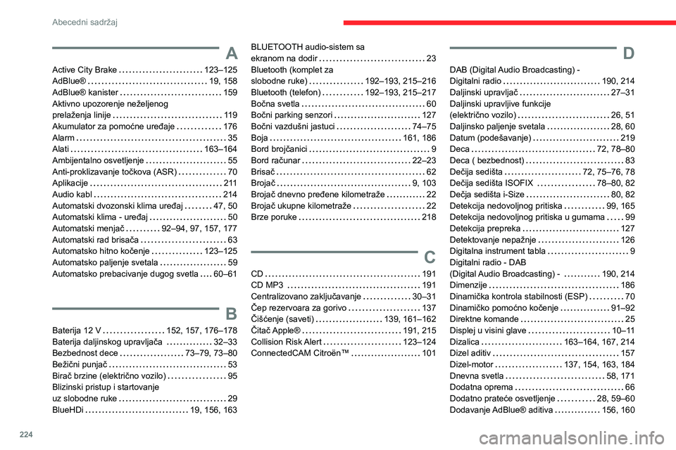 CITROEN C4 2021 Priručnik (in Serbian) 224
Abecedni sadržaj
A
Active City Brake 123–125
AdBlue®
19, 158
AdBlue® kanister
159
Aktivno upozorenje neželjenog
prelaženja linije
119
Akumulator za pomoćne uređaje
CITROEN C4 2021 Priručnik (in Serbian) 224
Abecedni sadržaj
A
Active City Brake 123–125
AdBlue®
19, 158
AdBlue® kanister
159
Aktivno upozorenje neželjenog
prelaženja linije
119
Akumulator za pomoćne uređaje