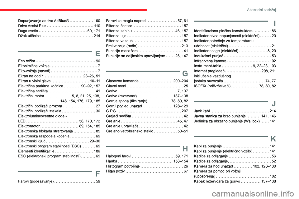 CITROEN C4 2021 Priručnik (in Serbian) 225
Abecedni sadržaj
Dopunjavanje aditiva AdBlue® 160
Drive Assist Plus
11 0
Duga svetla
60, 171
Džek utičnica
214
E
Eco režim 96
Ekonimična vožnja
7
Eko-vožnja (save CITROEN C4 2021 Priručnik (in Serbian) 225
Abecedni sadržaj
Dopunjavanje aditiva AdBlue® 160
Drive Assist Plus
11 0
Duga svetla
60, 171
Džek utičnica
214
E
Eco režim 96
Ekonimična vožnja
7
Eko-vožnja (save