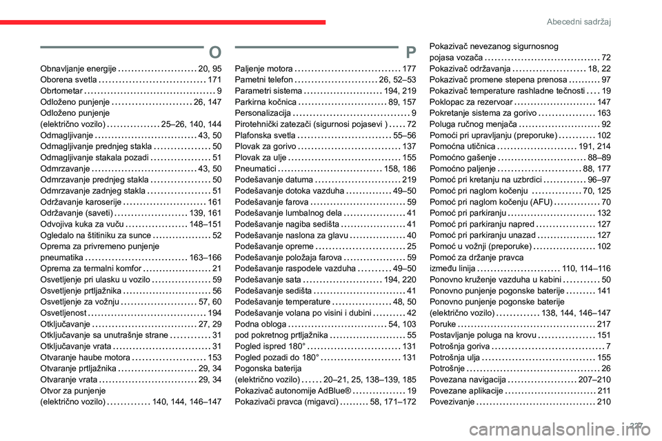 CITROEN C4 2021 Priručnik (in Serbian) 227
Abecedni sadržaj
O
Obnavljanje energije 20, 95
Oborena svetla
171
Obrtometar
9
Odloženo punjenje
26, 147
Odloženo punjenje
(električno vozilo)
25–26, 140, 144
Odma CITROEN C4 2021 Priručnik (in Serbian) 227
Abecedni sadržaj
O
Obnavljanje energije 20, 95
Oborena svetla
171
Obrtometar
9
Odloženo punjenje
26, 147
Odloženo punjenje
(električno vozilo)
25–26, 140, 144
Odma
