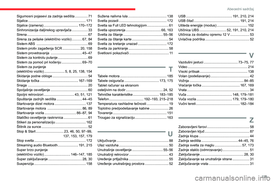 CITROEN C4 2021  Priručnik (in Serbian) 229
Abecedni sadržaj
Sigurnosni pojasevi za zadnja sedišta     71
Sijalice     
171
Sijalice (zamena)
    
170–172
Sinhronizacija daljinskog upravljača
    
33
Sirena
    
67
Sirena za pešake (e